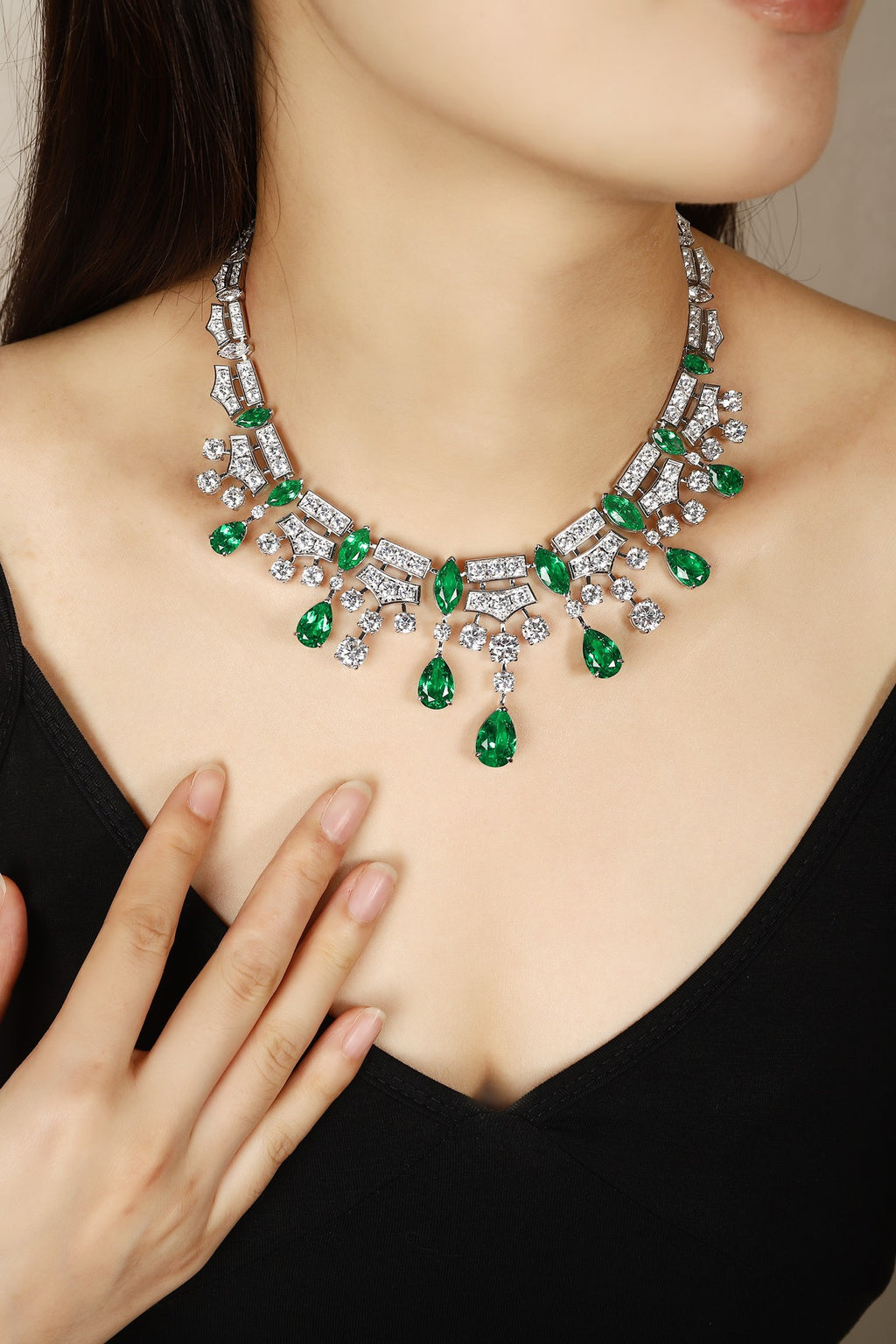 Emerald Cascade Lab-Created Emerald Statement Necklace