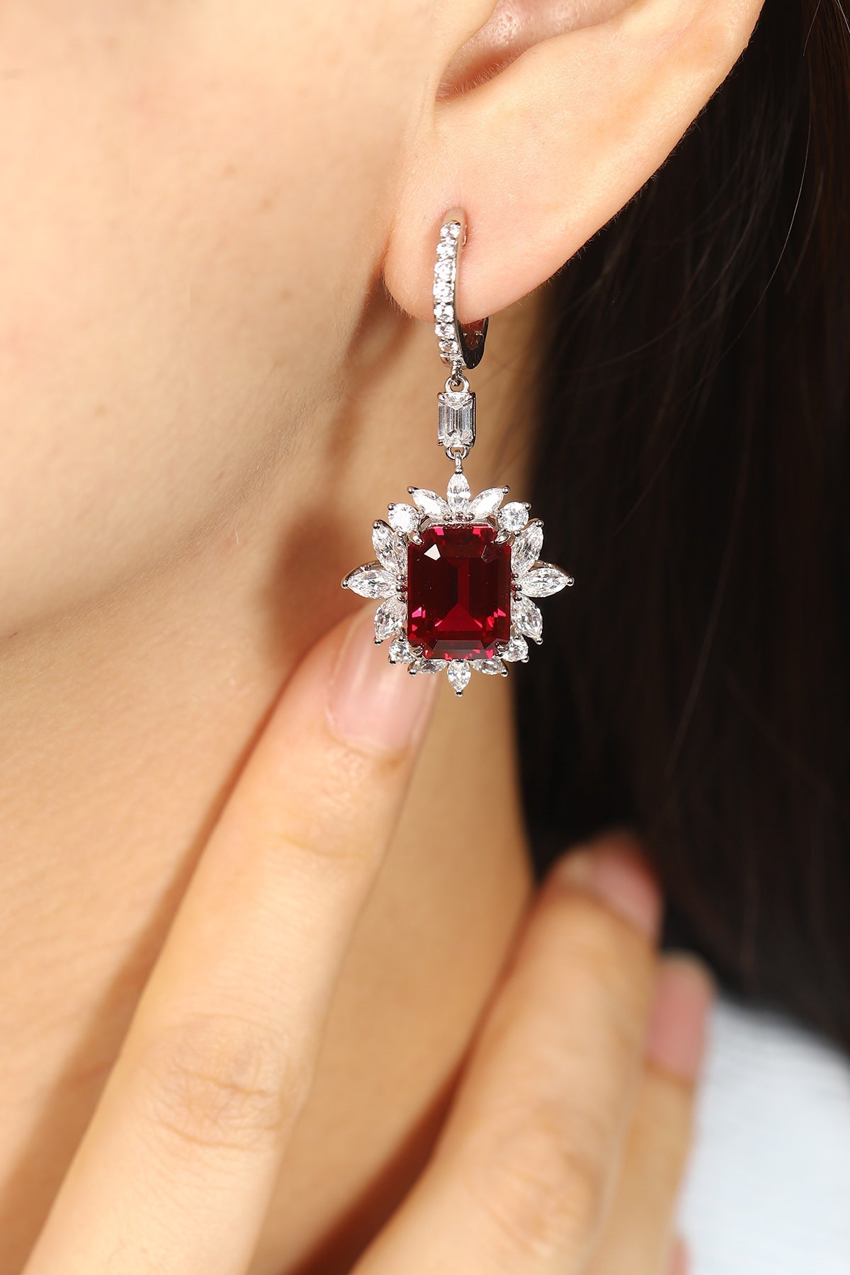 Crimson Orbit Lab-Created Ruby Huggie Drop Earrings