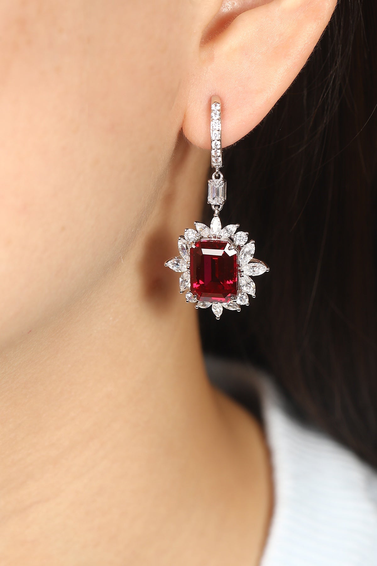 Crimson Orbit Lab-Created Ruby Huggie Drop Earrings