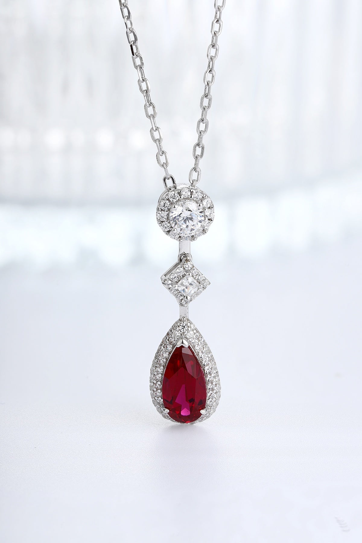 Ruby Drops PT950 Lab-Created Ruby & Diamond Pendant Necklace