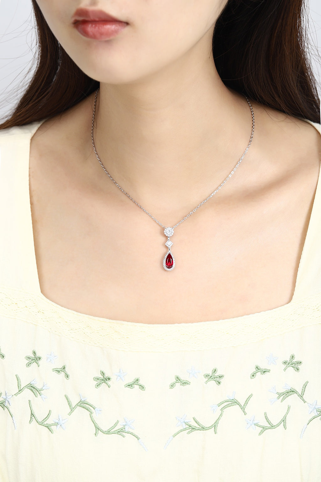 Ruby Drops PT950 Lab-Created Ruby & Diamond Pendant Necklace