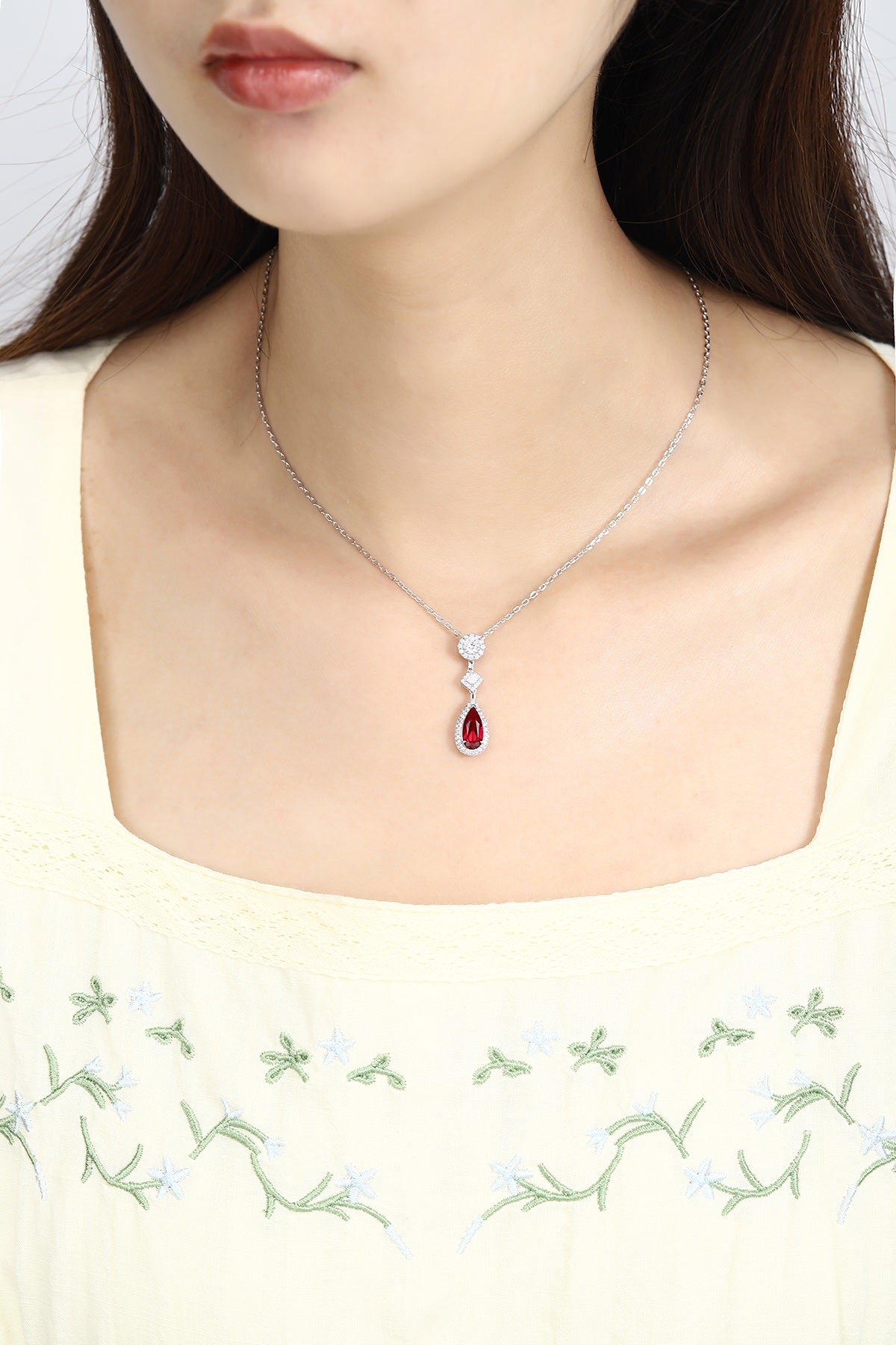 Ruby Drops PT950 Lab-Created Ruby & Diamond Pendant Necklace