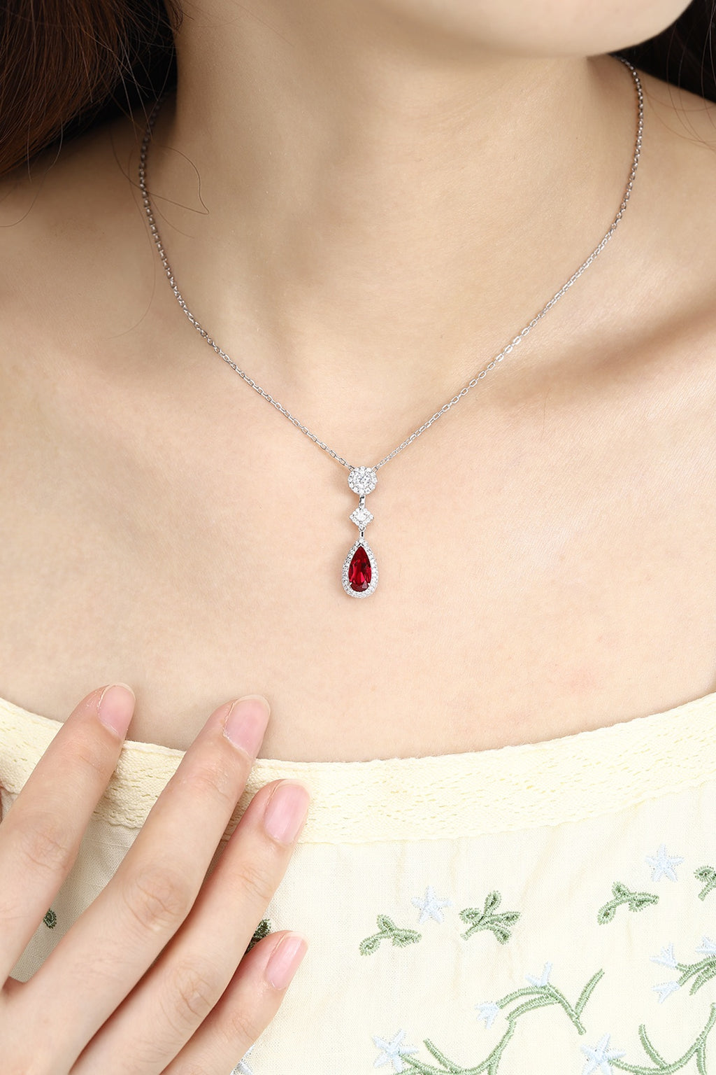 Ruby Drops PT950 Lab-Created Ruby & Diamond Pendant Necklace